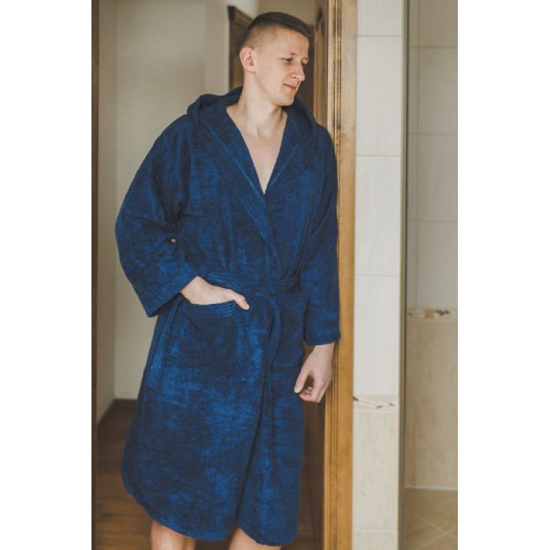 Szlafrok bawełniany z kapturem, niebieski