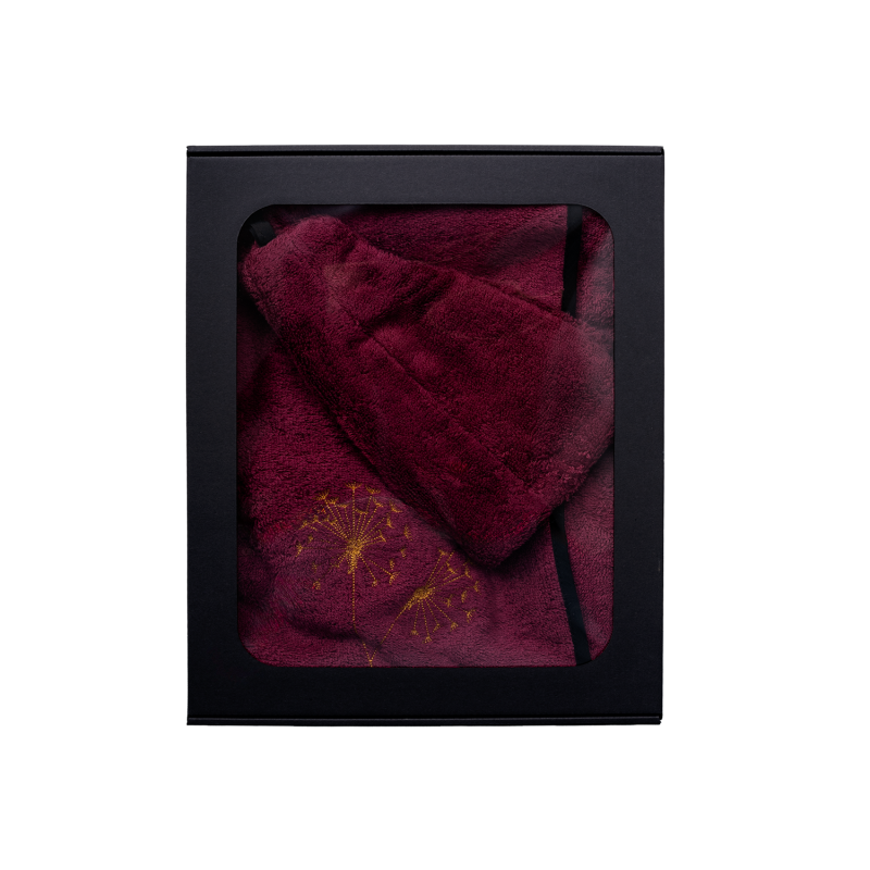 Zestaw prezentowy w pudełku prezentowym dla NIEJ. Damski kapelusz i fartuch do sauny – BORDOWY