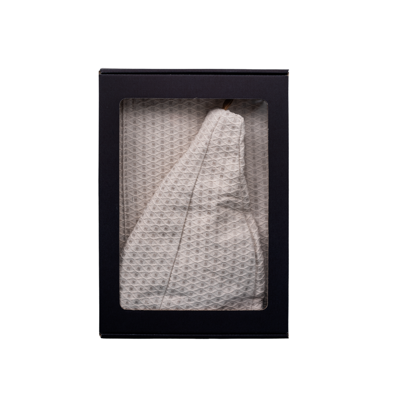 Zestaw prezentowy w pudełku prezentowym dla NIEGO. Męski kapelusz do sauny i fartuch - LNIANY