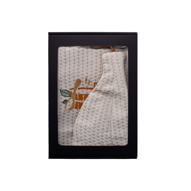 Zestaw prezentowy w pudełku prezentowym dla NIEGO. Męski kapelusz do sauny i fartuch - LNIANY, haftowany