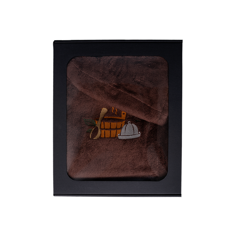 Zestaw prezentowy w pudełku prezentowym dla NIEGO. Męski kapelusz i fartuch do sauny - BRĄZOWY