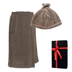 Zestaw prezentowy w pudełku prezentowym RENTO KENNO DLA NIEGO. Czepek i fartuch do sauny, brązowy 