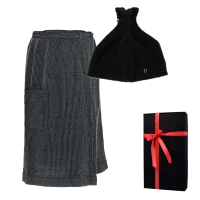 Zestaw prezentowy w pudełku prezentowym RENTO KENNO DLA NIEGO. Czepek i fartuch do sauny, ciemnoszary/czarny