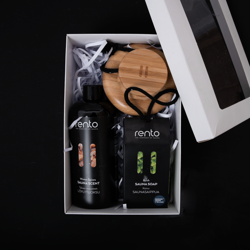 Zestaw prezentowy w pudełku prezentowym WINTER SPICES. Esencja zapachowa, szczotka do ciała i mydło.