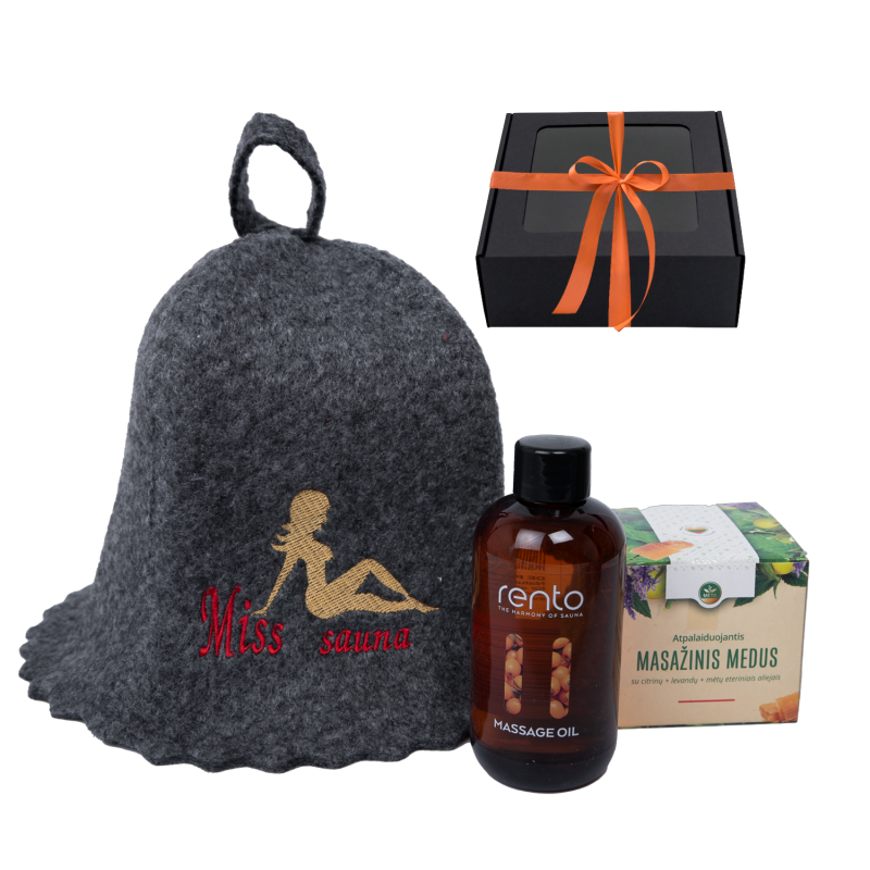 Zestaw prezentowy MISS SAUNA w pudełku prezentowym. Czapka do sauny, olejek do masażu i miód