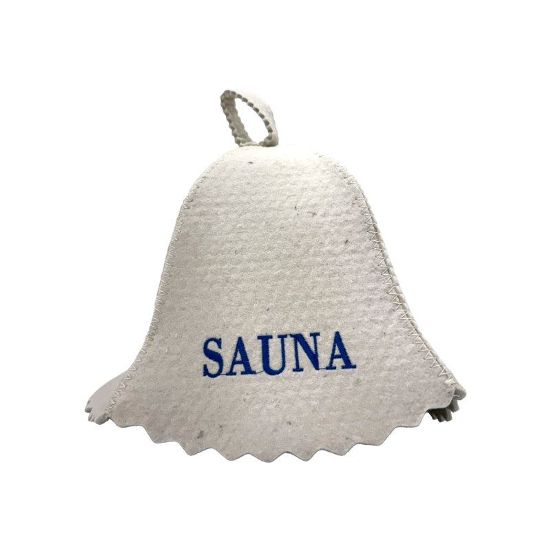 Czapka do sauny - SAUNA, z niebieskim napisem