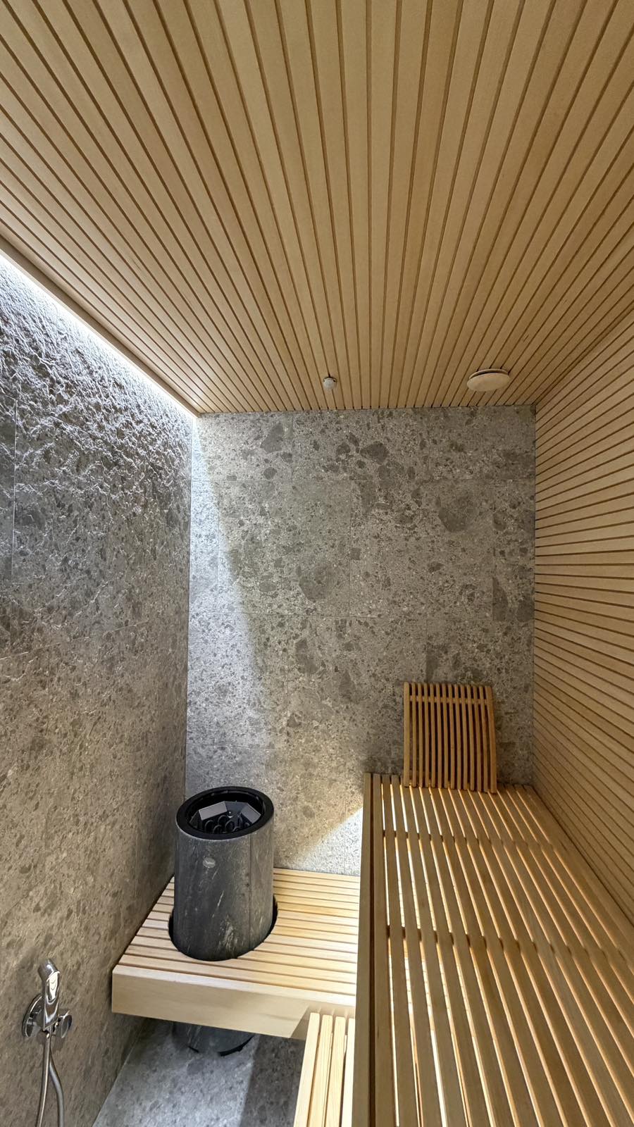 Sauna wykończona drewnem i kamieniem